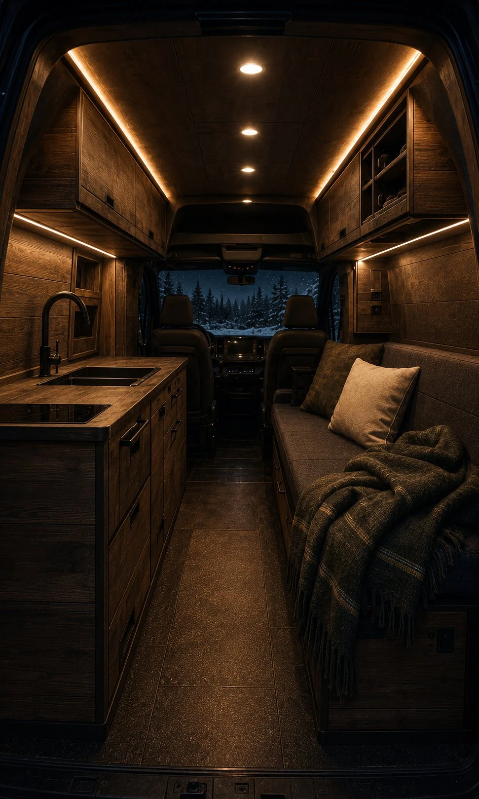 Inside the van at night: warm LED light, wood kitchen, bench with wool blankets