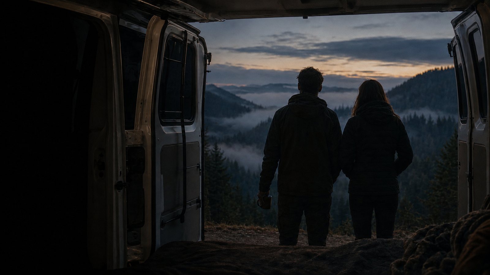 Two people at the open rear doors of the van looking out over a misty valley at dusk