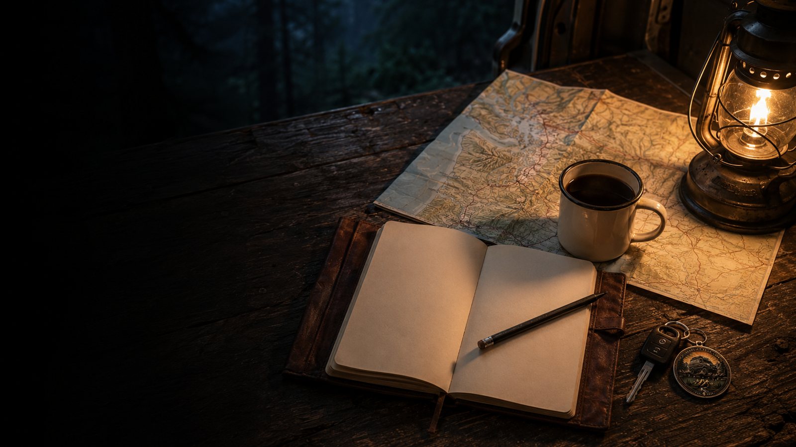 A field notebook, enamel mug, map and van keys on a tailgate table by lantern light