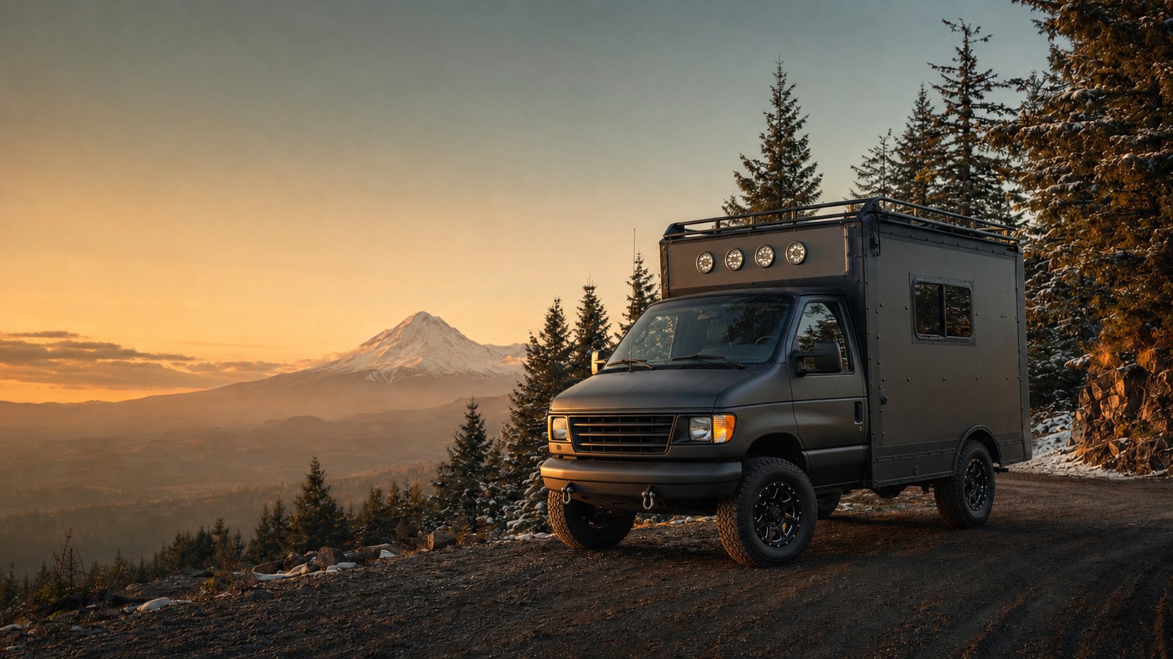 Dark rugged expedition camper van on a forest ridge at sunset with a snow-capped Mt. Hood beyond