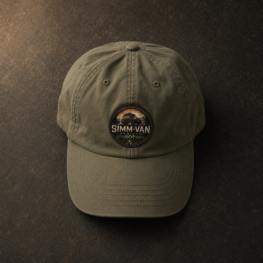 Sage dad hat with a woven Simm-Van badge patch