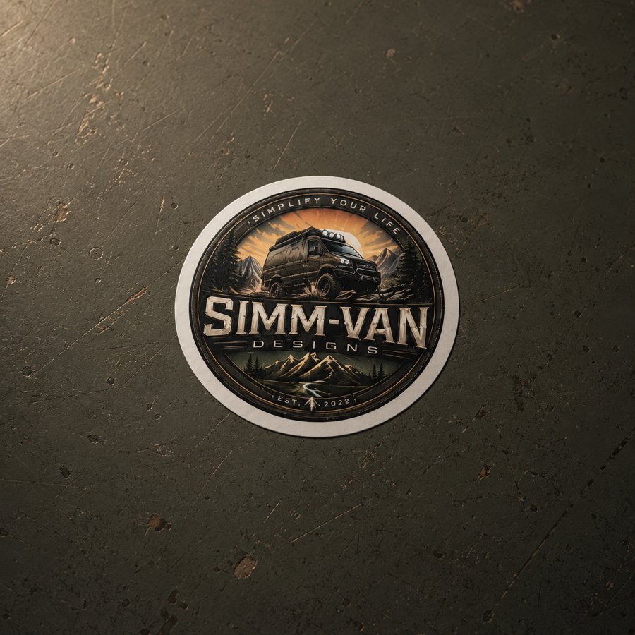 Die-cut Simm-Van badge sticker on a dark metal surface