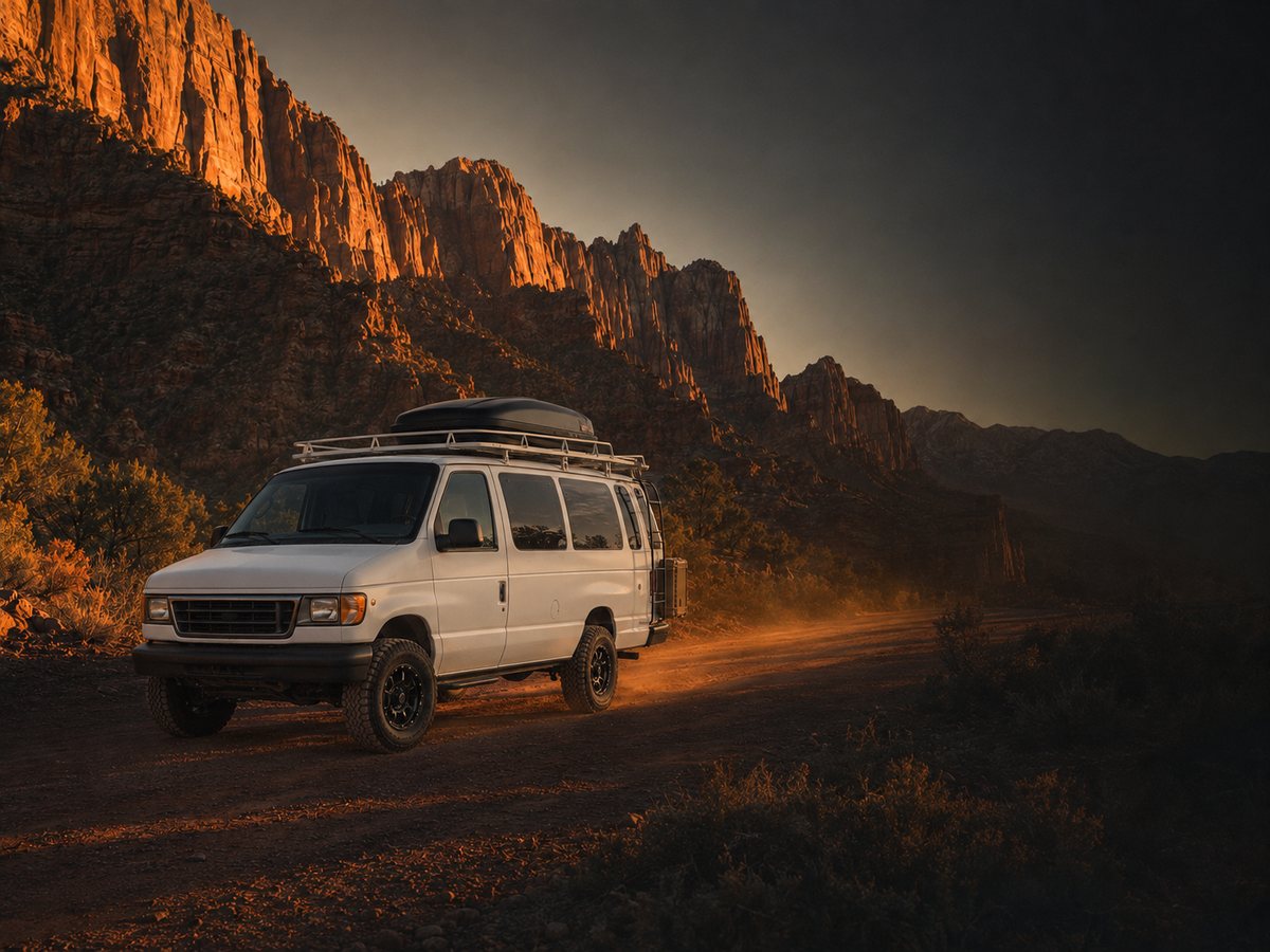 The van on a red-rock desert road at golden hour